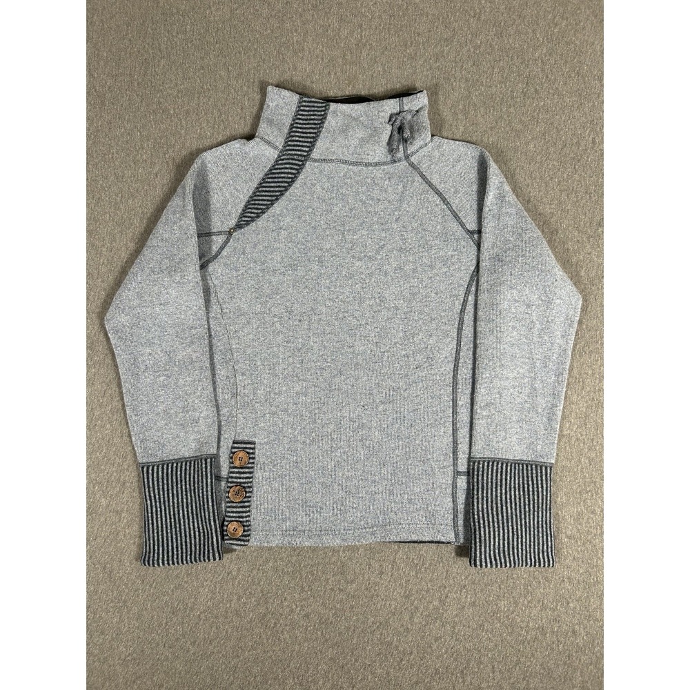 prAna Women's Mock Neck Sweater Striped Coconut Button Cotton Blend Gray L